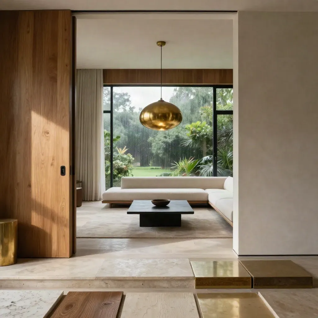 Soggiorno open-space rinnovato con boiserie in rovere, pietra chiara e luce dorata post-pioggia.