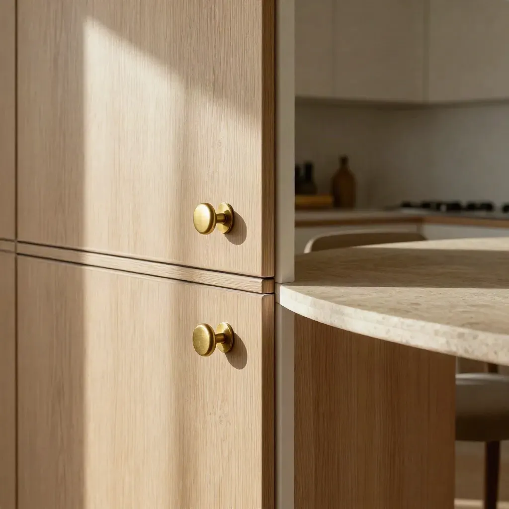 Dettaglio macro di legno chiaro, ottone e pietra in un soggiorno riorganizzato verso cucina e pranzo.