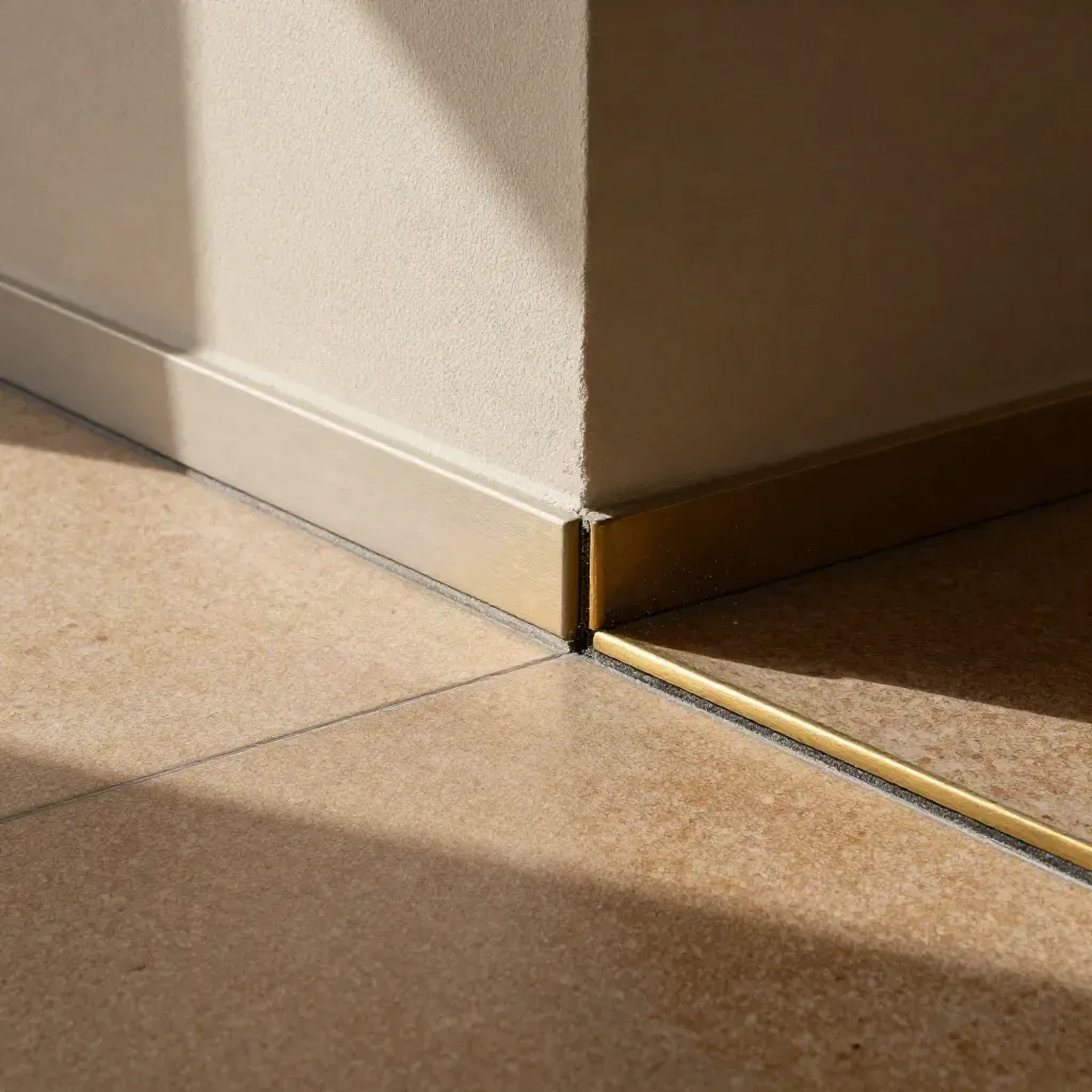 Dettaglio basso di pavimento in gres, rivestimento materico e soglia in ottone alla luce radente.