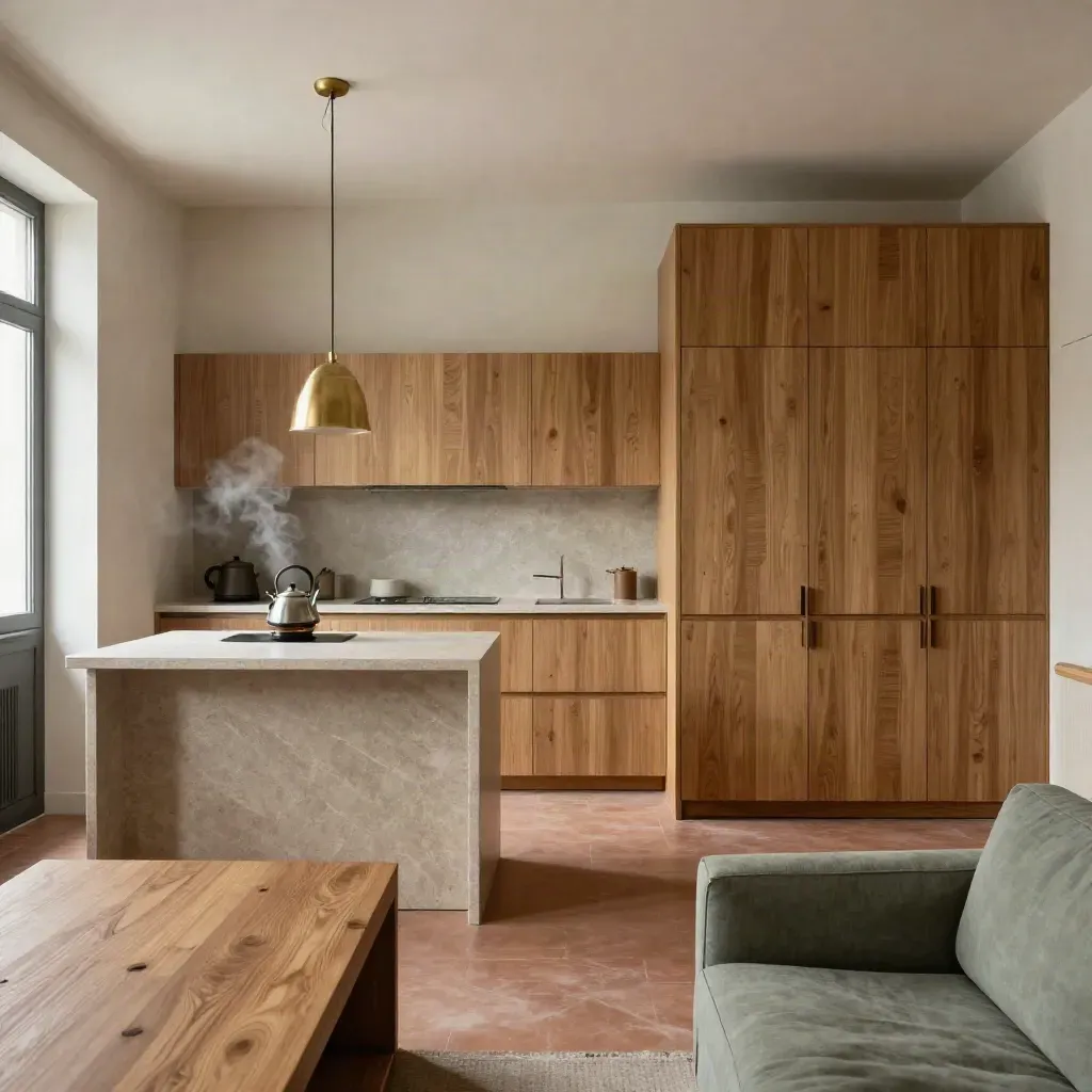 Bilocale milanese aperto con cucina compatta, armadi su misura e luce mattutina calda.