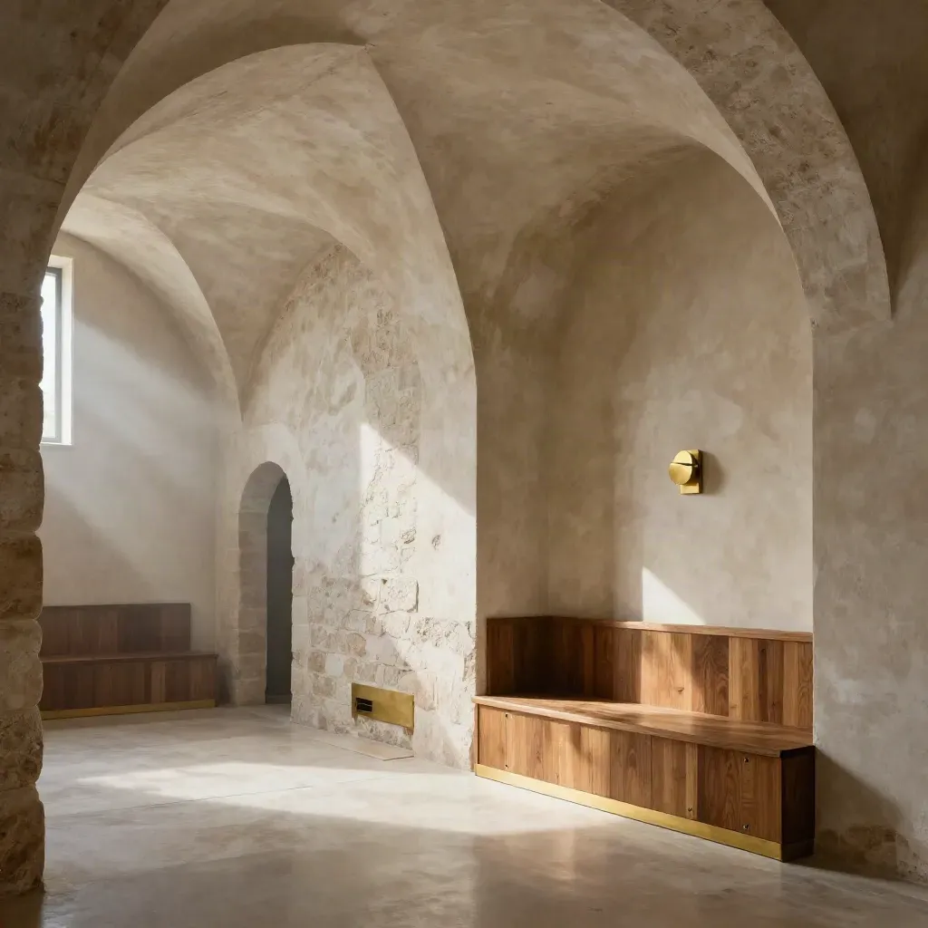 Interno storico ristrutturato con volta antica, finiture moderne e luce radente.