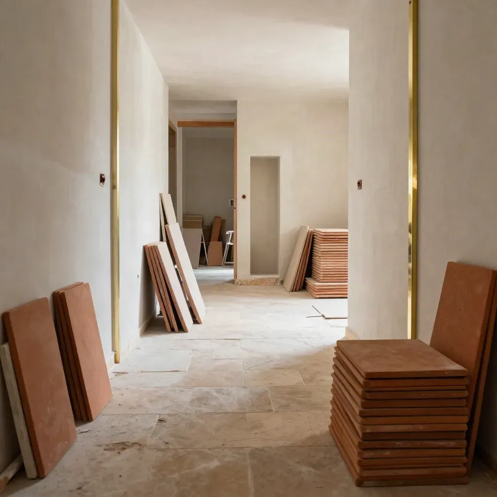 Cantiere ordinato con materiali impilati e parete in finitura, luce calda laterale.