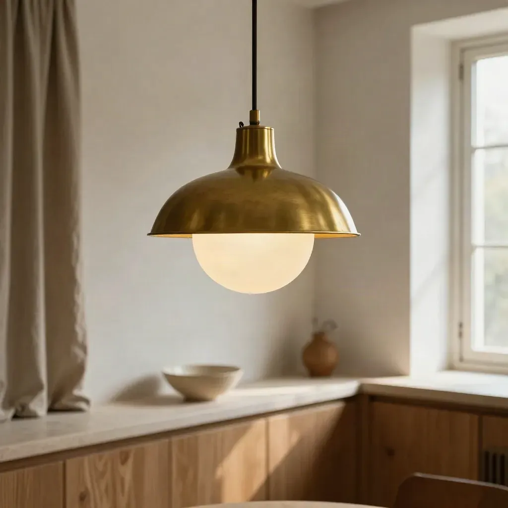 Interno domestico con sospensione in ottone, pareti chiare e luce calda su superfici neutre.