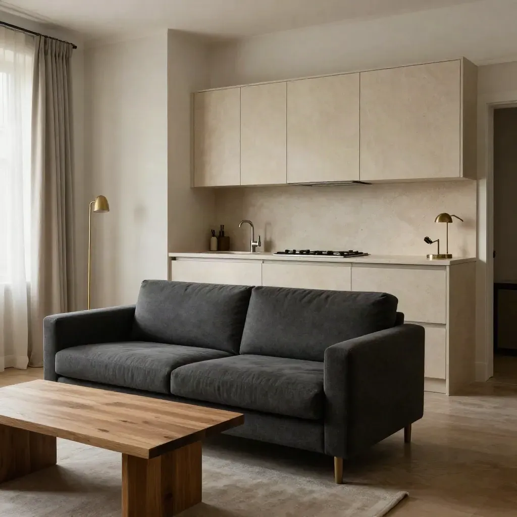 Appartamento pronto all’affitto con divano scuro, cucina compatta e finiture resistenti in luce morbida.