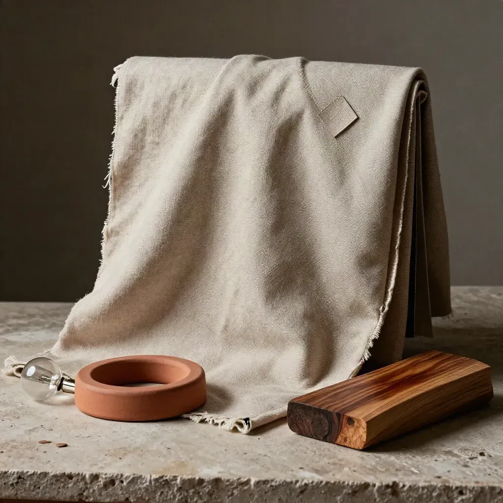 Campioni tessili, anello in ceramica, lampadina e legno tinto su banco materico.