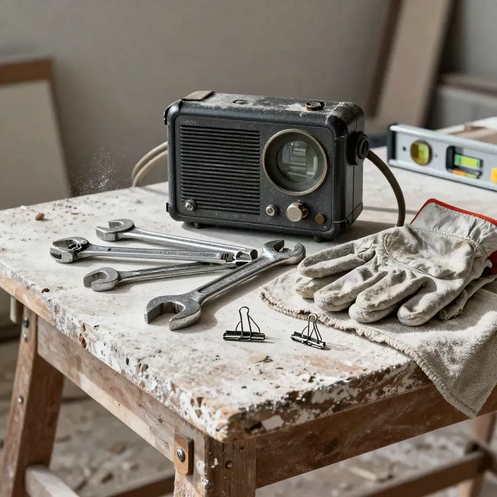 Radio da cantiere, chiavi tecniche, clip metalliche, guanti ripiegati e livella su panno grezzo.