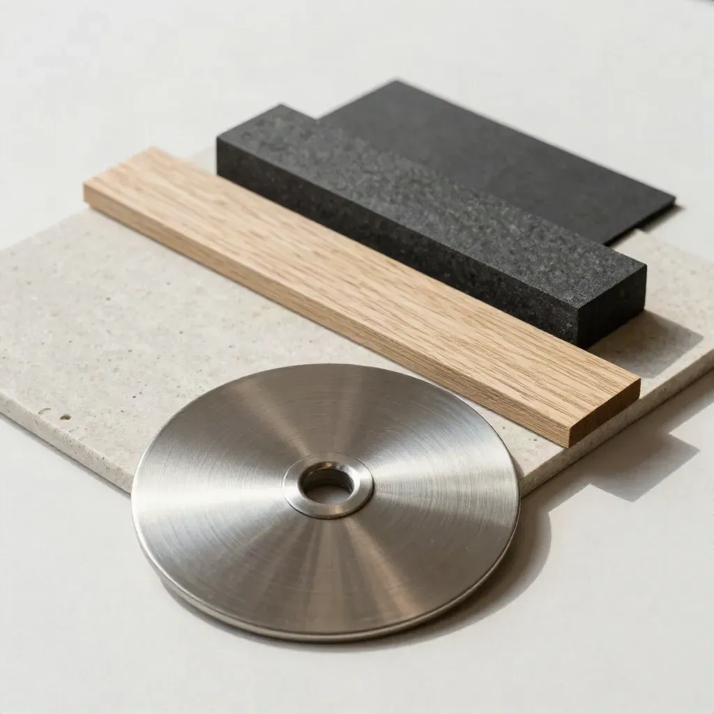 Campioni materiali su plaster: disco luce metallico, pietra, legno e blocco grafite.