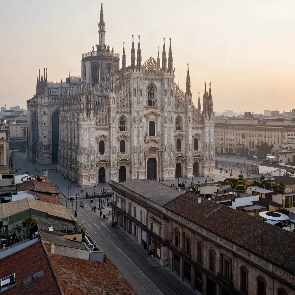 Duomo di Milano sopra i tetti nella foschia serale, vista ampia e calma.
