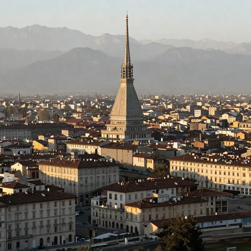 La Mole Antonelliana emerge su Torino in foschia dorata, tetti terracotta e città quieta.