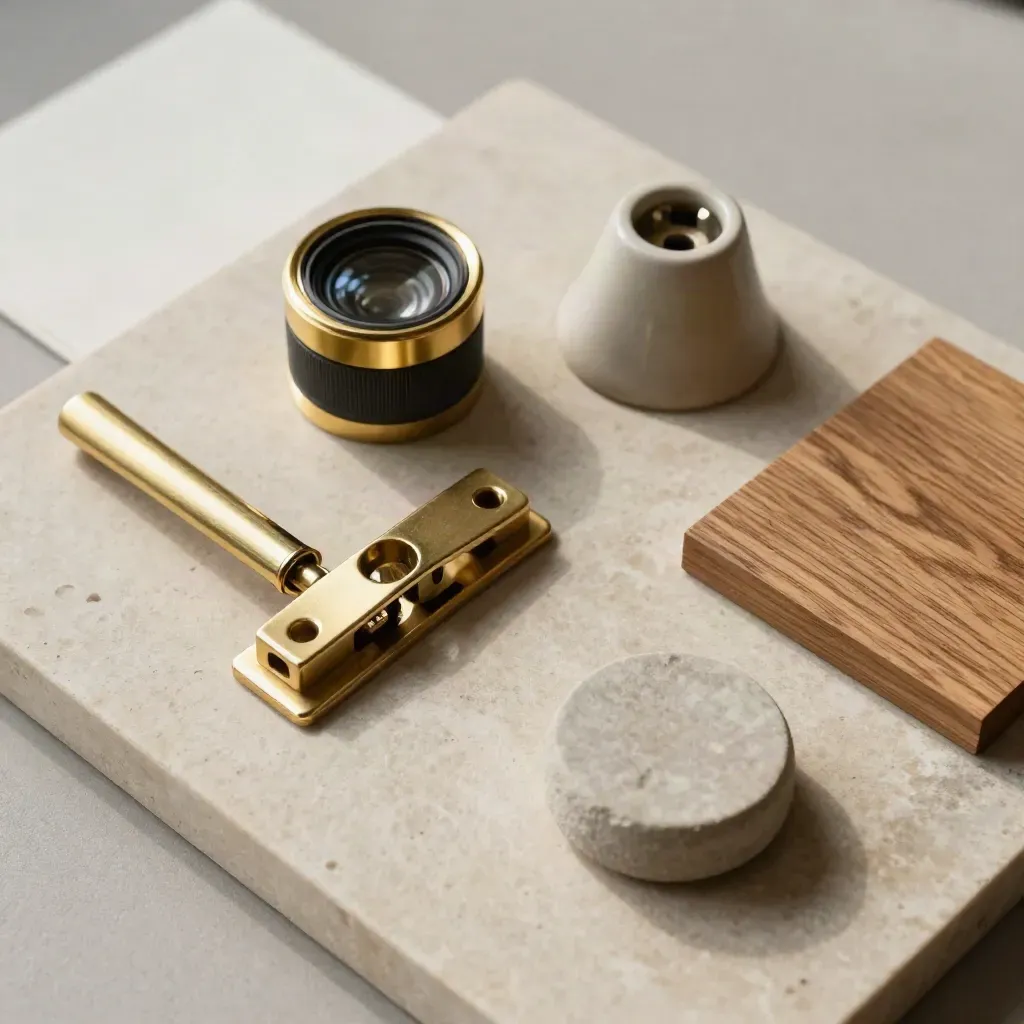 Flat lay di cerniera, maniglia, tassello ceramico e campioni materiali su pietra chiara.