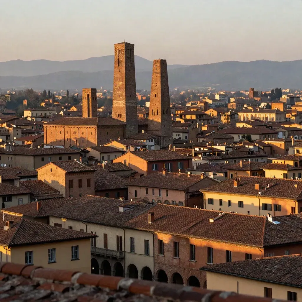 Vista aerea di Bologna con le Due Torri, tetti rossi e portici nella foschia serale.