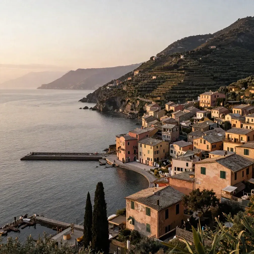 Costa ligure al tramonto con case pastello, mare calmo e crinali verdi nella foschia.
